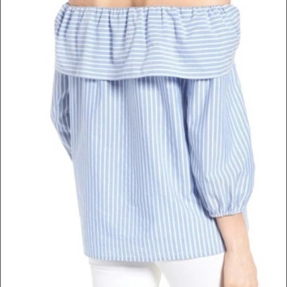 Pleione Off Shoulder Bow Top In Blue White Stripe Size S 14485 - Picture 3 of 11